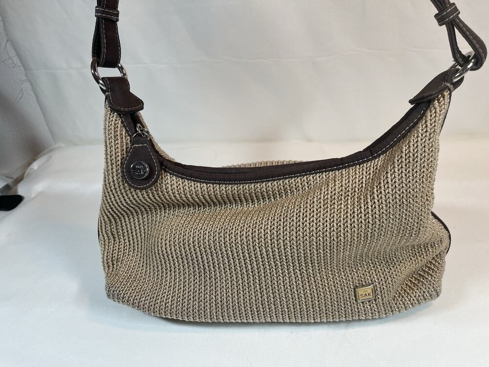 The Sak Woven Hobo Shoulder Bag Beige Brown Adjustable Strap Boho Purse